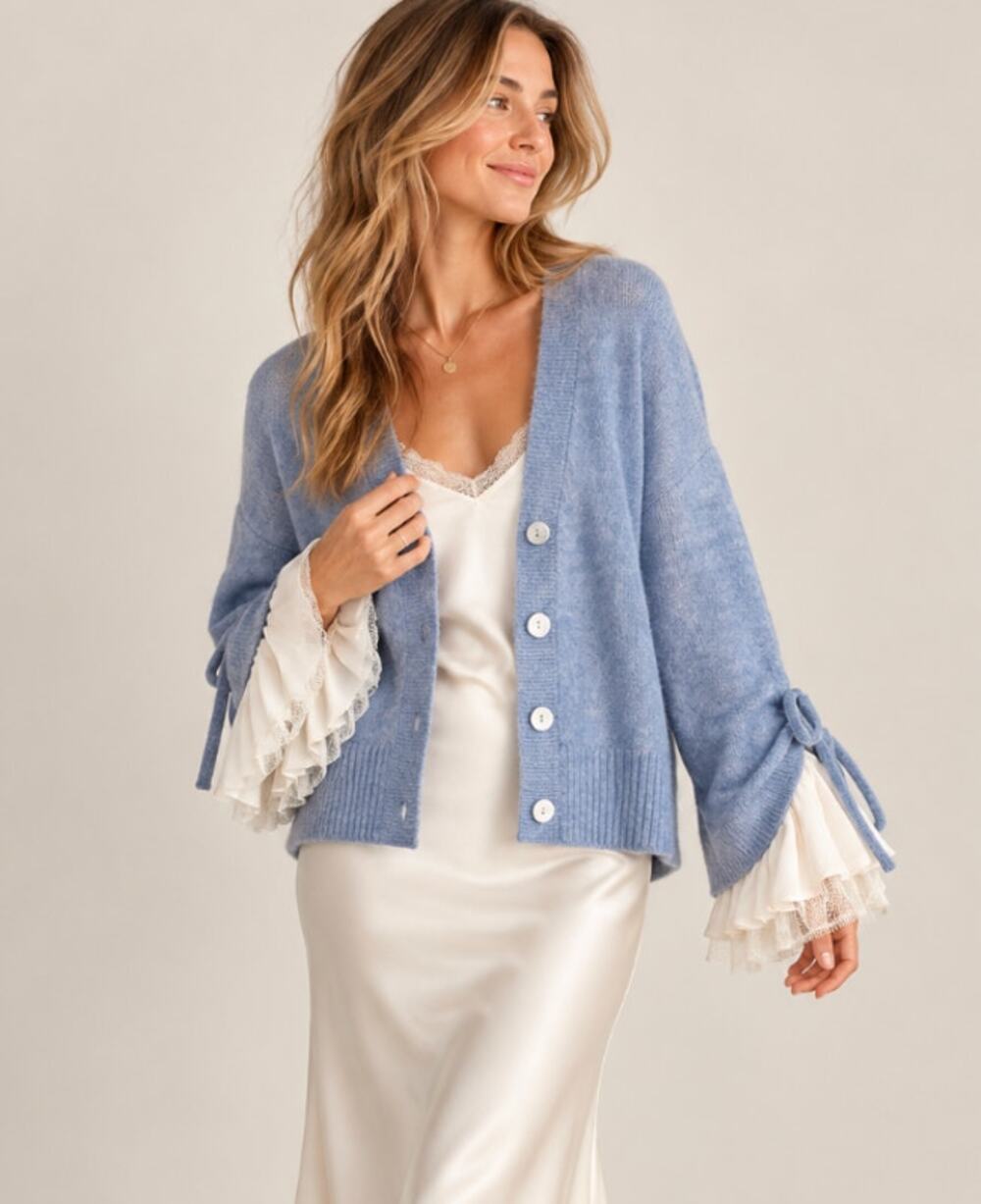 Cinq à Sept Atlas Blue Wool Silk Ruffle Cuff Cardigan XXS Oversized